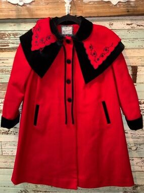 Vintage Rothschild Red Pea Coat with Black Velvet Trim
